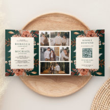 Terrakotta-Blumen-Hochzeit mit Smaragdgrün und QR-