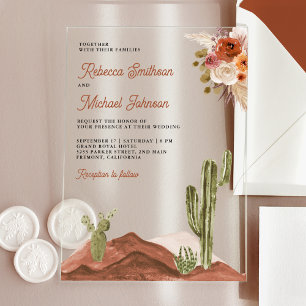 Terrakotta-Blumen-Kaktus-Hochzeit Acryleinladungen