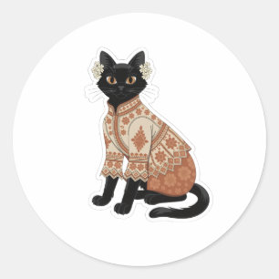 Terrakotta-Blumen-Katzen-Volksstickerei-Aufkleber Runder Aufkleber
