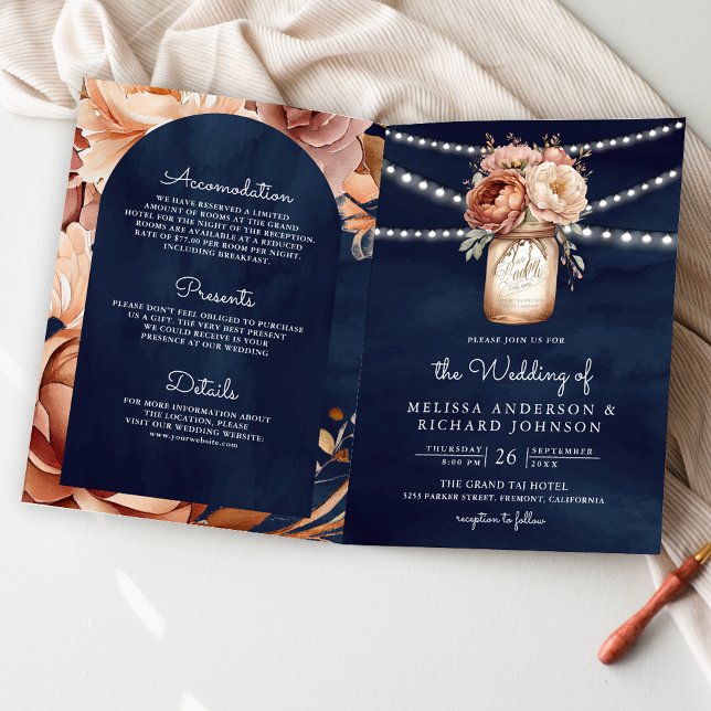 Terrakotta-Blumen-Mason-Glas Navy QR-Code-Hochzeit Einladung (Von Creator hochgeladen)