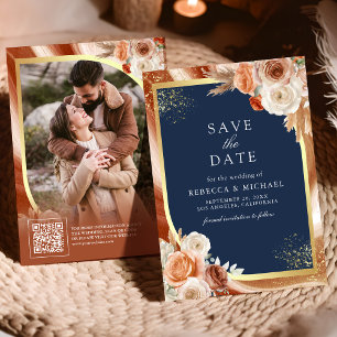 Terrakotta Blumen Navy Blau QR Code Foto Hochzeit Save The Date