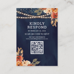 Terrakotta Blumen Navy Blau QR Code RSVP Hochzeit Begleitkarte