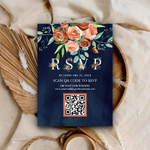 Terrakotta Blumen Navy Blau QR Code RSVP Hochzeit Begleitkarte