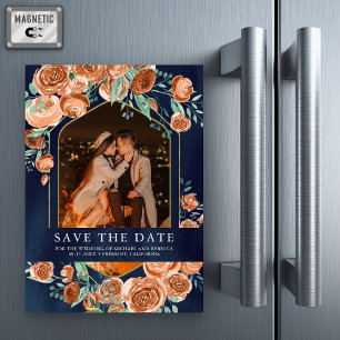 Terrakotta Blumen Navy Foto Hochzeit Save the Date Magneteinladung