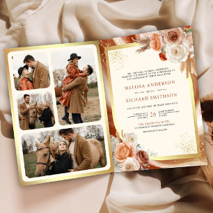 Terrakotta-Blumen-Pampas-Gold-Hochzeit in einem Einladung