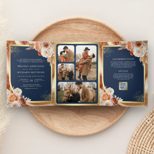 Terrakotta Blumen Pampas Gold Navyblau Hochzeit Dreifach Gefaltete Einladung