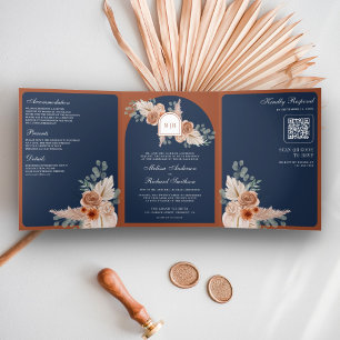 Terrakotta Blumen Pampas Navy Blau QR Code Hochzei Dreifach Gefaltete Einladung