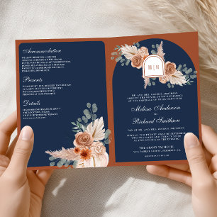 Terrakotta Blumen Pampas Navy Blau QR Code Hochzei Einladung