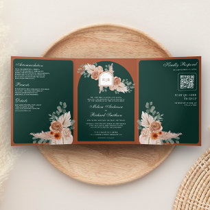 Terrakotta-Blumen-Pampas-Smaragd-QR-Code-Hochzeit Dreifach Gefaltete Einladung