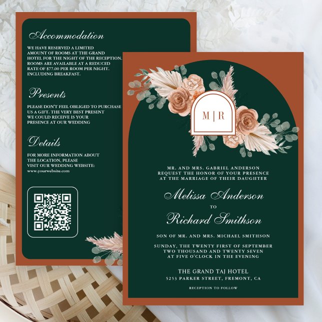 Terrakotta-Blumen-Pampas-Smaragd-QR-Code-Hochzeit Einladung (Von Creator hochgeladen)