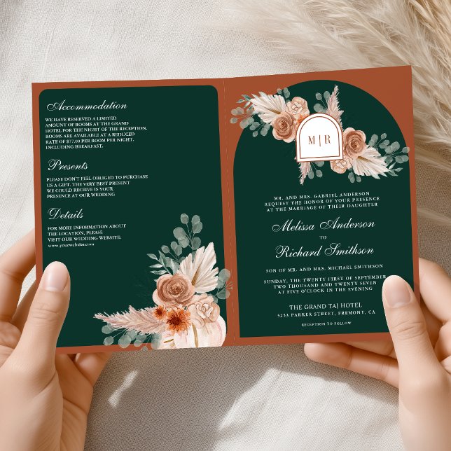 Terrakotta-Blumen-Pampas-Smaragd-QR-Code-Hochzeit Einladung (Von Creator hochgeladen)