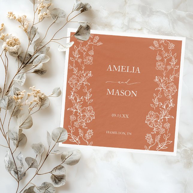 Terrakotta Blumen Rustikales Papier Hochzeit Serviette (Terracotta Floral Rustic Paper Wedding Napkins)