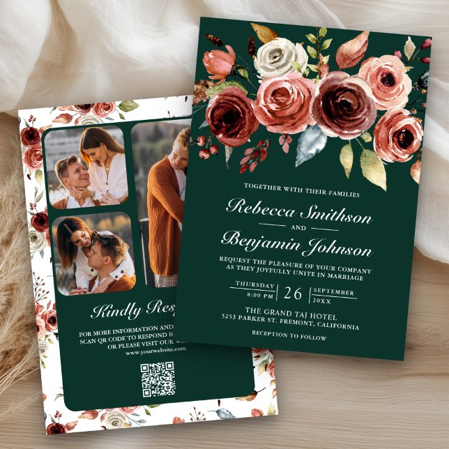 Terrakotta Blumen Smaragdgrün QR-Code Hochzeit Einladung (Von Creator hochgeladen)