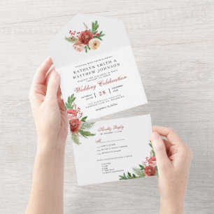 Terrakotta-Blumen-Weihnachts-Grün Winterhochzeit All In One Einladung