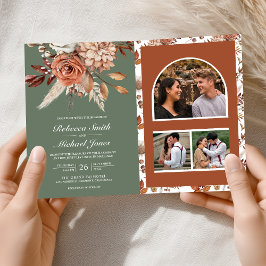 Terrakotta-Blumen-Weise Grün QR-Code-Hochzeit Einladung