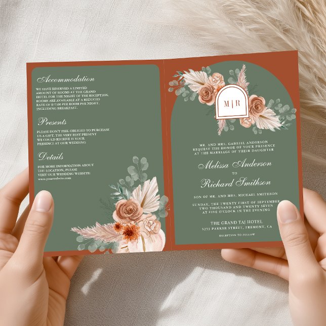Terrakotta-Blumen-Weise Grün QR-Code Hochzeit Einladung (Von Creator hochgeladen)