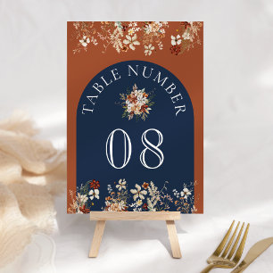 Terrakotta-Blumen-Wildblume-Navyblau-Hochzeit Tischnummer