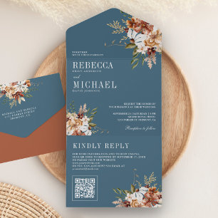 Terrakotta-Blumen-Wildblumen-Staubblau-Hochzeit All In One Einladung