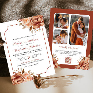 Terrakotta Blumenrand Foto QR Code Hochzeit Einladung