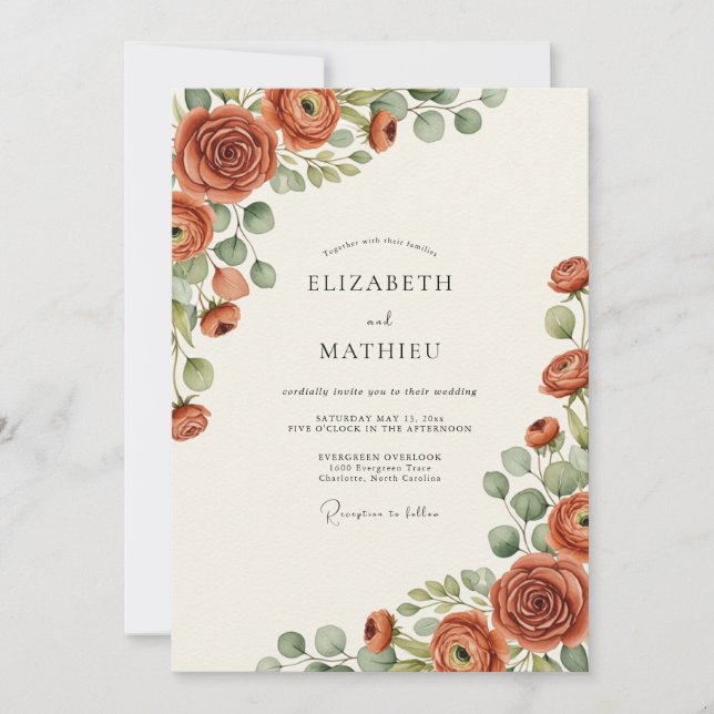 Terrakotta-Blüten-Botanische Hochzeit Einladung (Vorderseite)