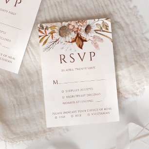 Terrakotta-Boho-Herbst-Blumen-Menüoptionen-Hochzei RSVP Karte