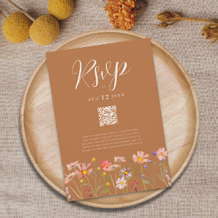 Terrakotta Boho Herbst Blumen QR-Code Hochzeit RSVP Karte