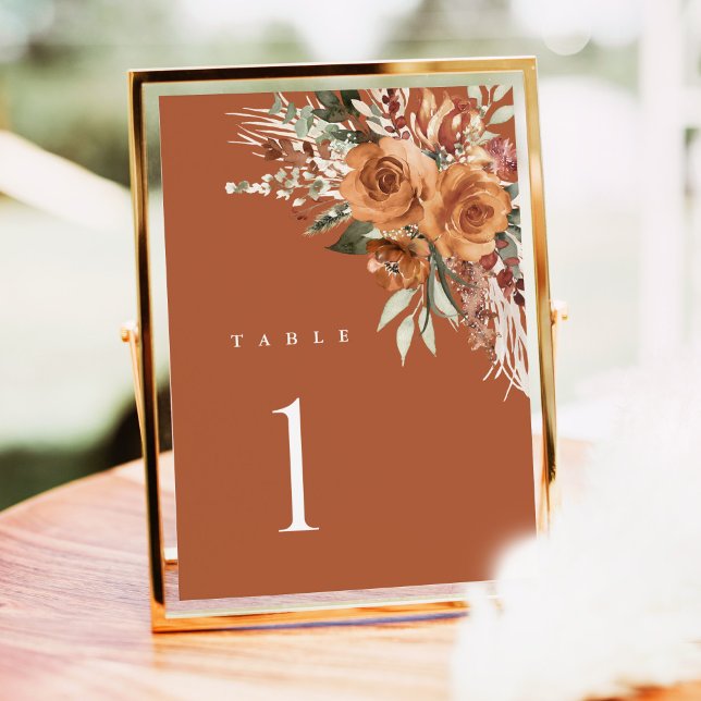 Terrakotta-Boho-Hochzeitstischnummern, Rosenblüten (Terracotta rose floral wedding table number card with watercolor, elegant boho table, framed indoor)
