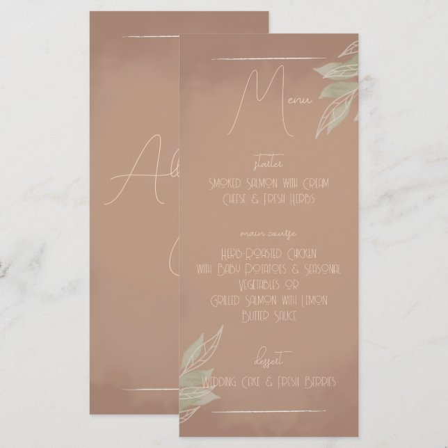 Terrakotta-Boho-Minimalist-Hochzeitsmenü Menükarte (Vorne/Hinten)