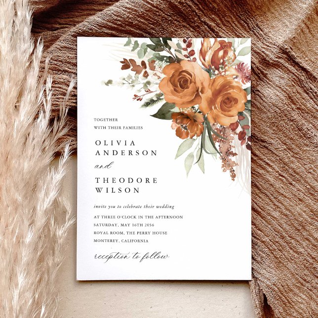 Terrakotta-Boho-Rosen-Blumen-Hochzeit Einladung (Terracotta rose floral wedding invitation with pampas accents, bohemian watercolor, modern classic)