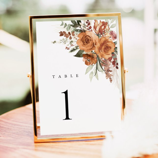 Terrakotta-Boho-Rosen-Blumen-Hochzeitstisch-Nummer (Terracotta rose floral wedding table number card with watercolor, elegant boho table, gold frame)