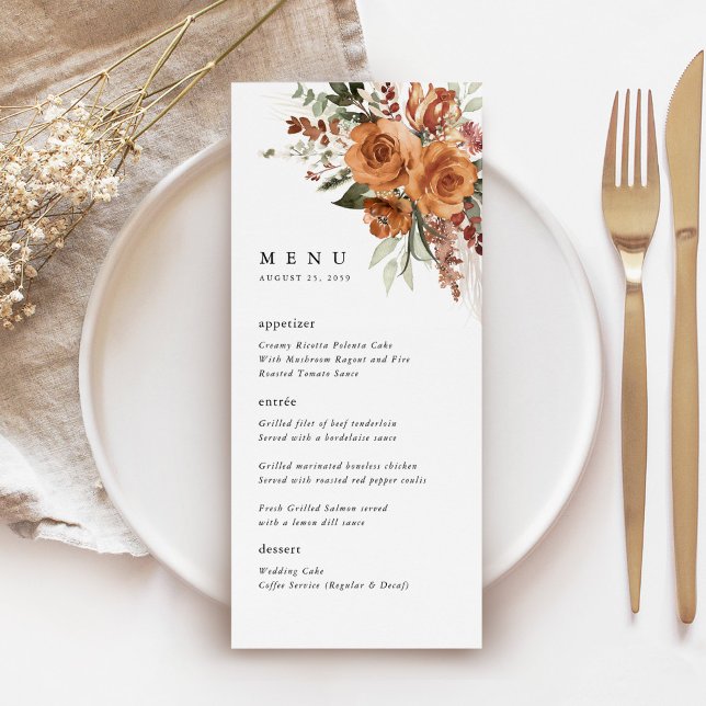 Terrakotta-Boho-Rosen-Hochzeitsempfang-Abendessen Menükarte (Terracotta rose floral wedding menu card with watercolor roses, elegant typography, table setting)