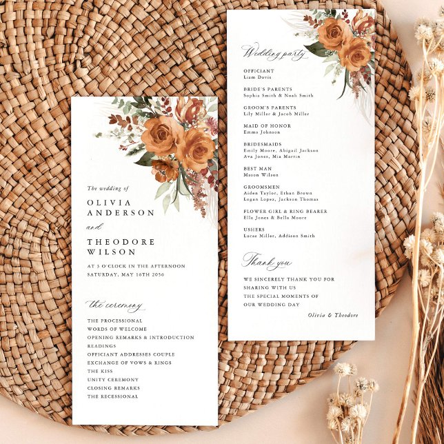 Terrakotta-Boho-Rosen-Hochzeitszeremonie Programm (Terracotta rose floral wedding program card with ceremony timeline, boho garden wedding stationery)
