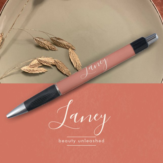 Terrakotta-Boho-Schönheits-Business-Werbgeschenk Kugelschreiber (Personalize this business promotional pen. Terracotta textured elegant script custom pen.)