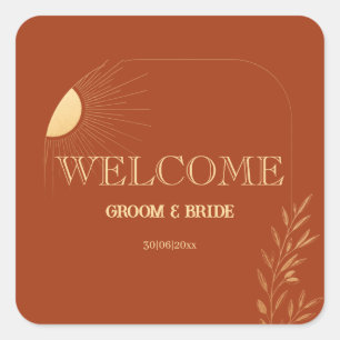 Terrakotta-Boho-Sonne Willkommen Hochzeit Quadratischer Aufkleber