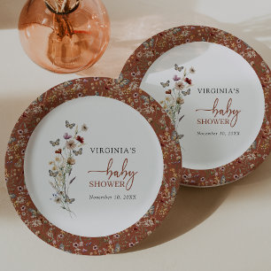 Terrakotta Boho Wildblumen-Baby-Party Pappteller