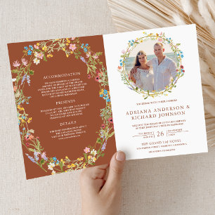 Terrakotta-Boho-Wildblumen-Foto-QR-Code-Hochzeit Einladung