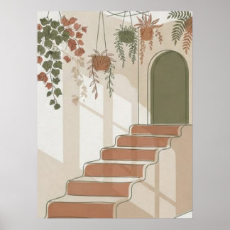 Terrakotta-Boho-Wüsten-Treppe und hängende Pflanze Poster