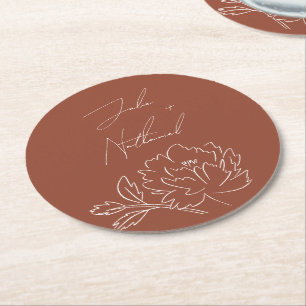 Terrakotta-Braunorange-Boho-Blumenhochzeit Runder Pappuntersetzer