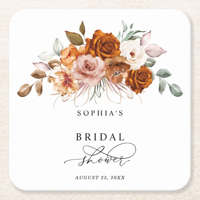 Terrakotta-Braunorange Florales Brautbad Rechteckiger Pappuntersetzer (Vorderseite)