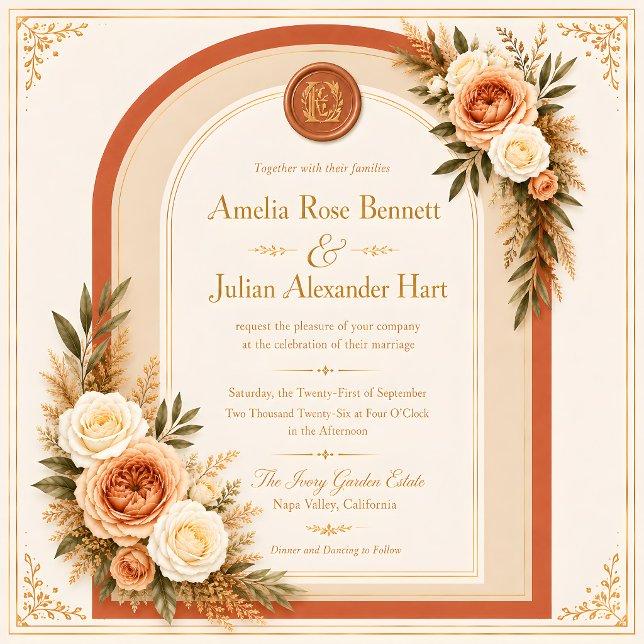 Terrakotta-Creme-Blumenbogen-Monogramm-Hochzeit  Einladung (Von Creator hochgeladen)