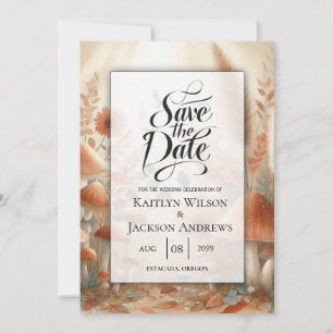 Terrakotta-Fliegenpilz-Waldmagie-Hochzeit Save The Date