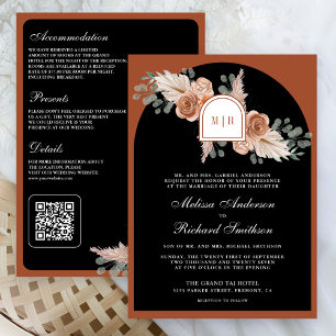 Terrakotta Florale Pampas Schwarz QR-Code Hochzeit Einladung