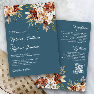 Terrakotta Florale Wildblumen Staubblau Hochzeit Einladung