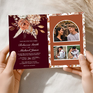 Terrakotta Florales Burgund QR Code Hochzeit Einladung