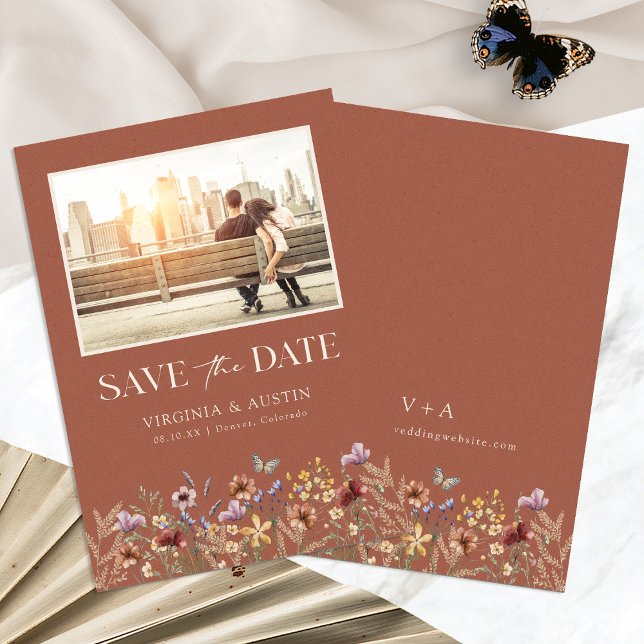 Terrakotta-Foto-Boho-Save-The-Date Save The Date (Terracotta Photo Boho Floral Save The Date Announcement by Painted Paperie
)