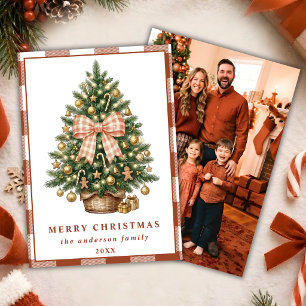 Terrakotta-Gingham-Schleifen-Weihnachtsbaum-Famili Feiertagskarte