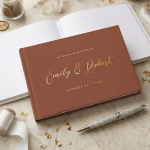 Terrakotta Gold Schrift Moderne Foto Hochzeit Gästebuch