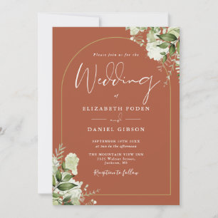 Terrakotta-Grün-Gold-Bogen-Monogramm-Hochzeit Einladung