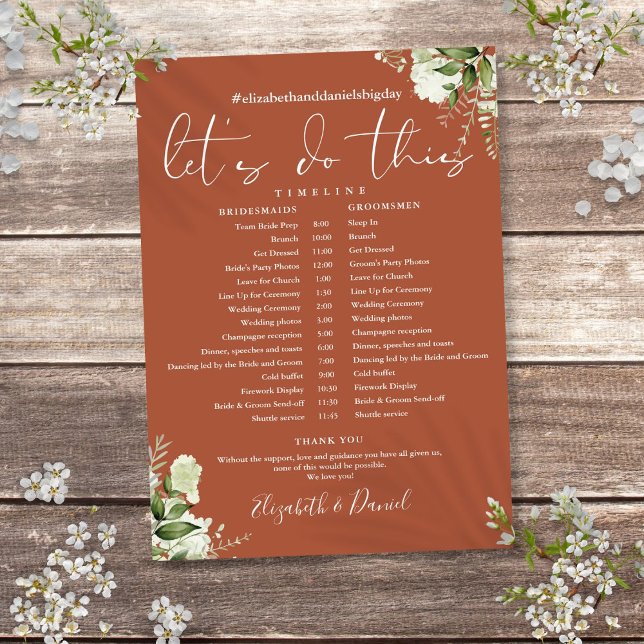 Terrakotta-Grün-Hochzeitsplan Zeitachse Programm (Terracotta Greenery Wedding Schedule Timeline Program)