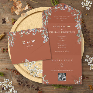 Terrakotta-Grünpflanzen-Blumen-Hochzeit mit QR-Cod All In One Einladung